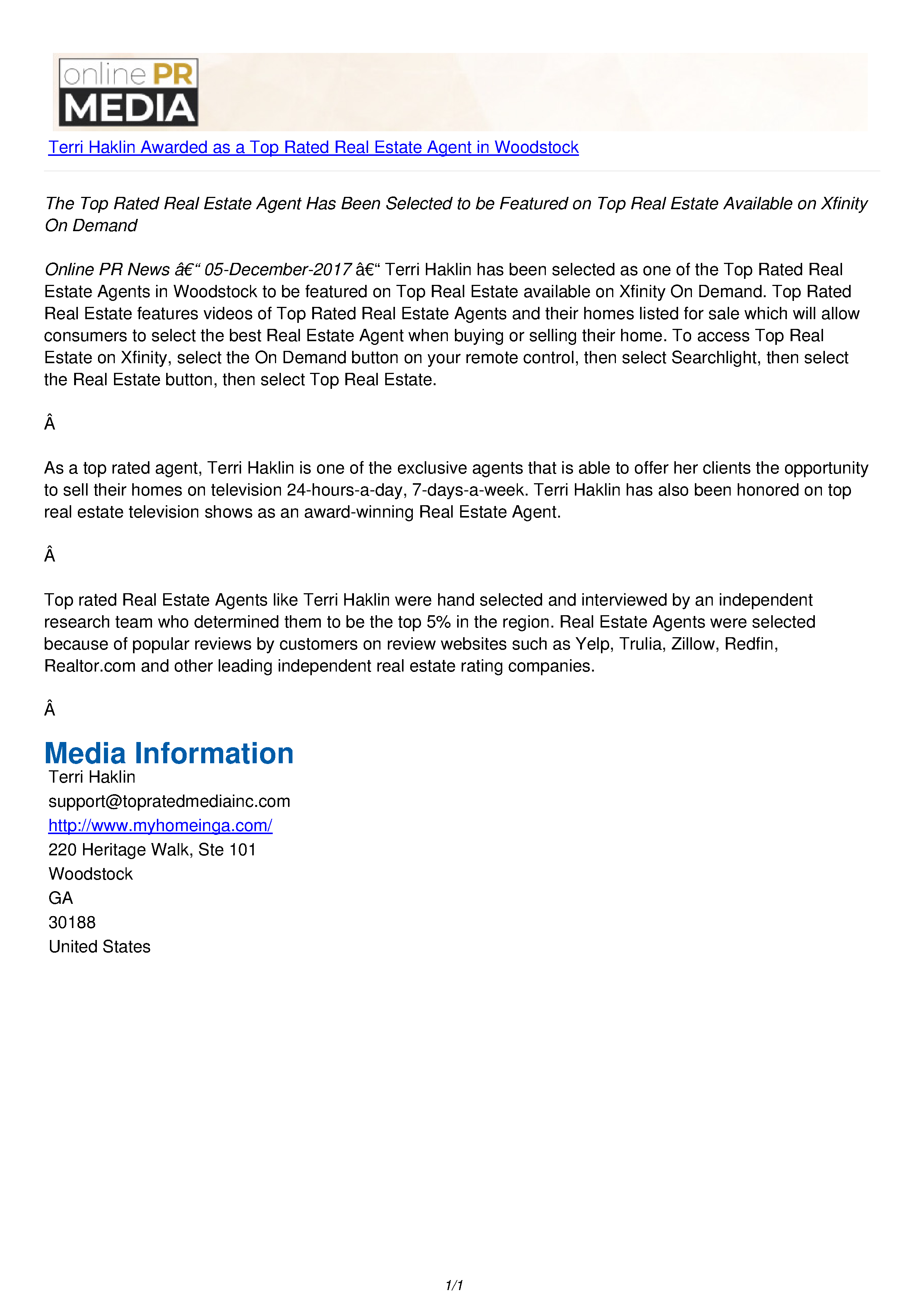 2017 Top Rated Real Estate Agent recognition for Terri Haklin